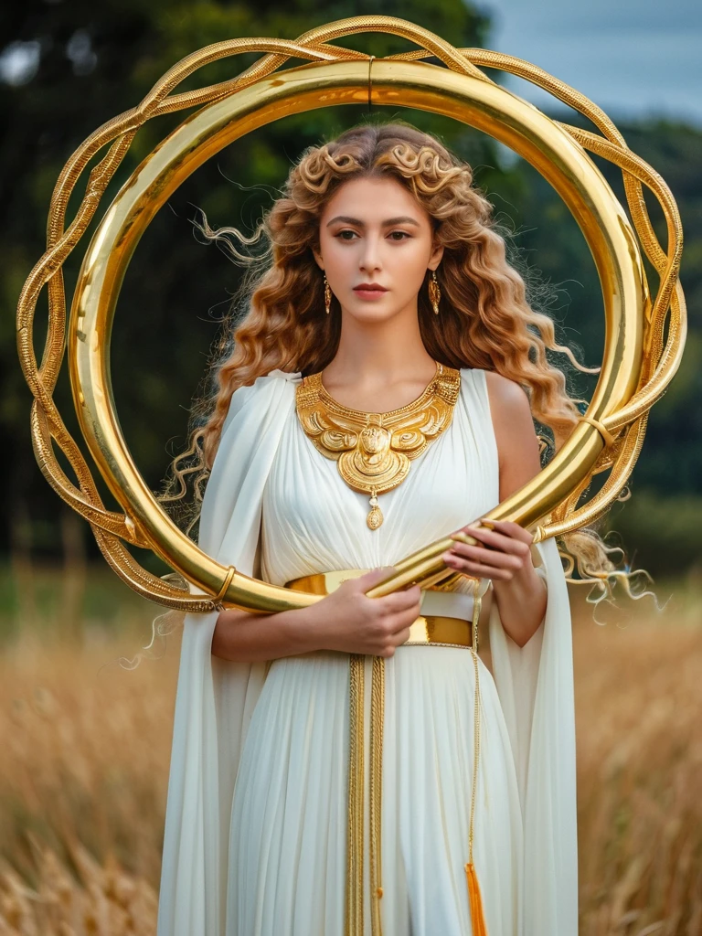 A woman young, with long golden blonde and curly hair wearing a long white dress with gold details, holding a huge crozier similar to that of the goddess Athena 
