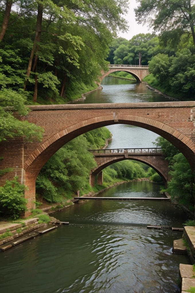 Old brick Bridge connected between two areas,river flows below with fishes swimming in the river