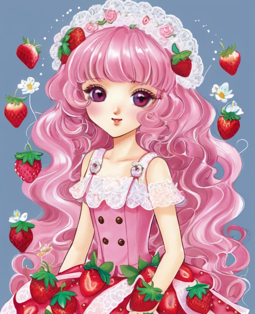  
Create an older anime girl inspired by strawberry shortcake. She should have long, flowing pink hair with subtle green highlights, styled elegantly. Her eyes are bright and sparkling with a mature, gentle expression. Dress her in a sophisticated yet cute outfit that resembles a strawberry shortcake dessert: a pink bodice with intricate white lace details, a layered skirt that mimics the appearance of cake and cream, and strawberry-themed accessories like a delicate hairpin and stylish shoes. The background should be a whimsical, pastel-colored garden full of strawberries and flowers.