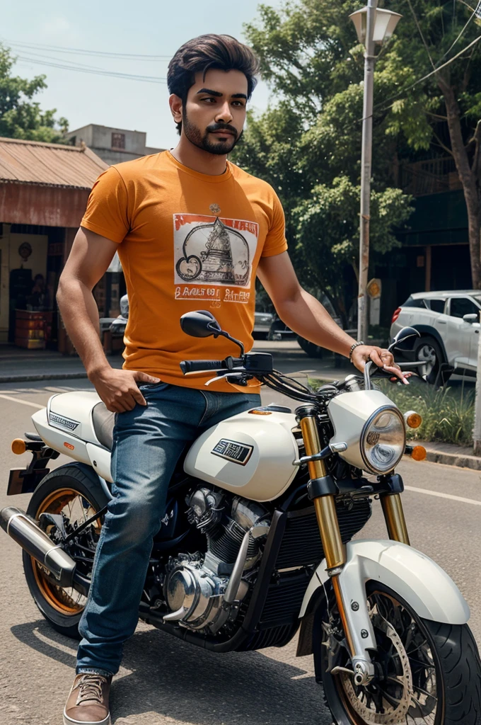 create high quality realistic image, a 20 year old boy driving bullet bike, boy wearing saffron tshirt with "Prem" boldly written in white on it, "JAI SHREE RAM" written on broad number plate, a clear hindu saffron flag is fixed on bike also cute lord rama face is printed on flag, some other young bikers and cars holding saffron flag are behind him, environment is gorgeous, background featuring street, high quality, hyper realistic, ultra detailed, 4k