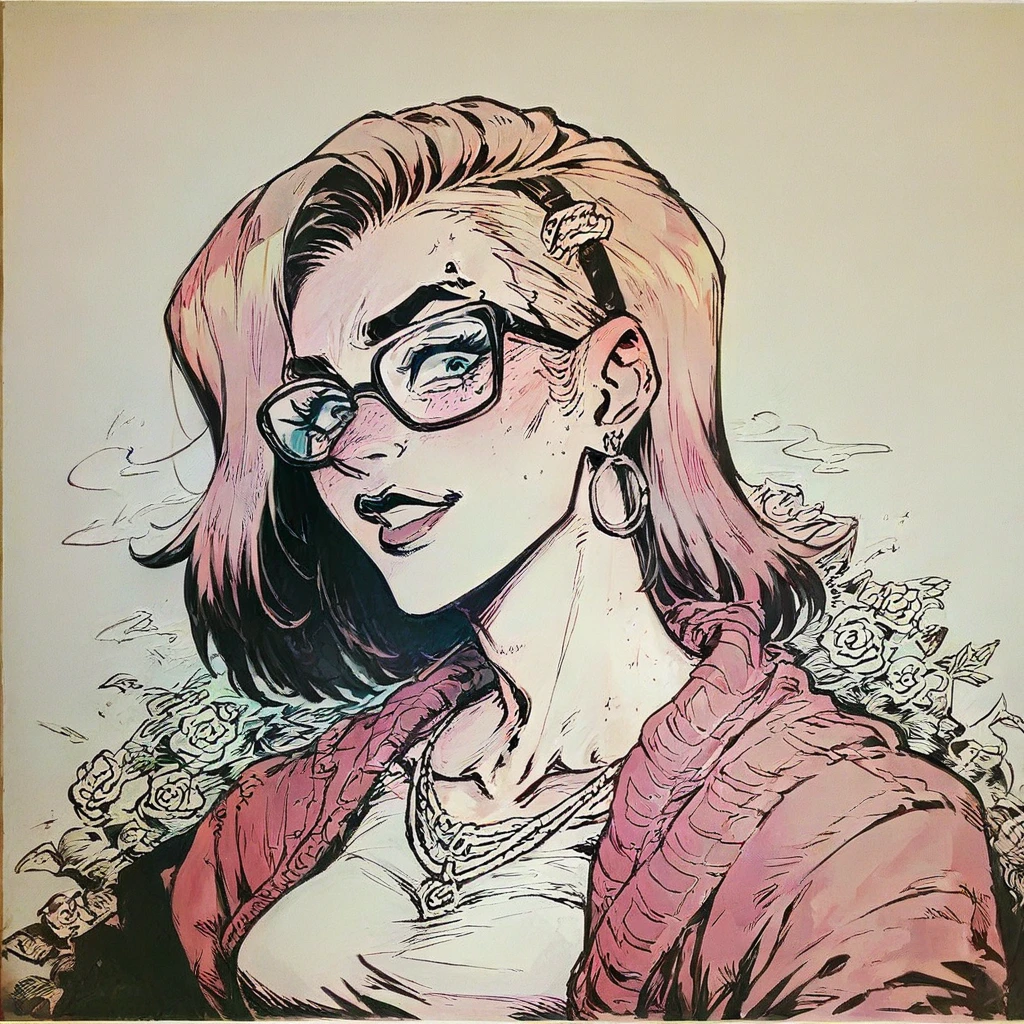 A woman with her glasses on top of her head is having trouble finding something、Marker Outline、EdobHorrorLandscape