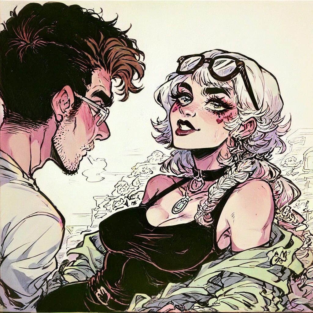 A woman with her glasses on top of her head is having trouble finding something、Marker Outline、EdobHorrorLandscape