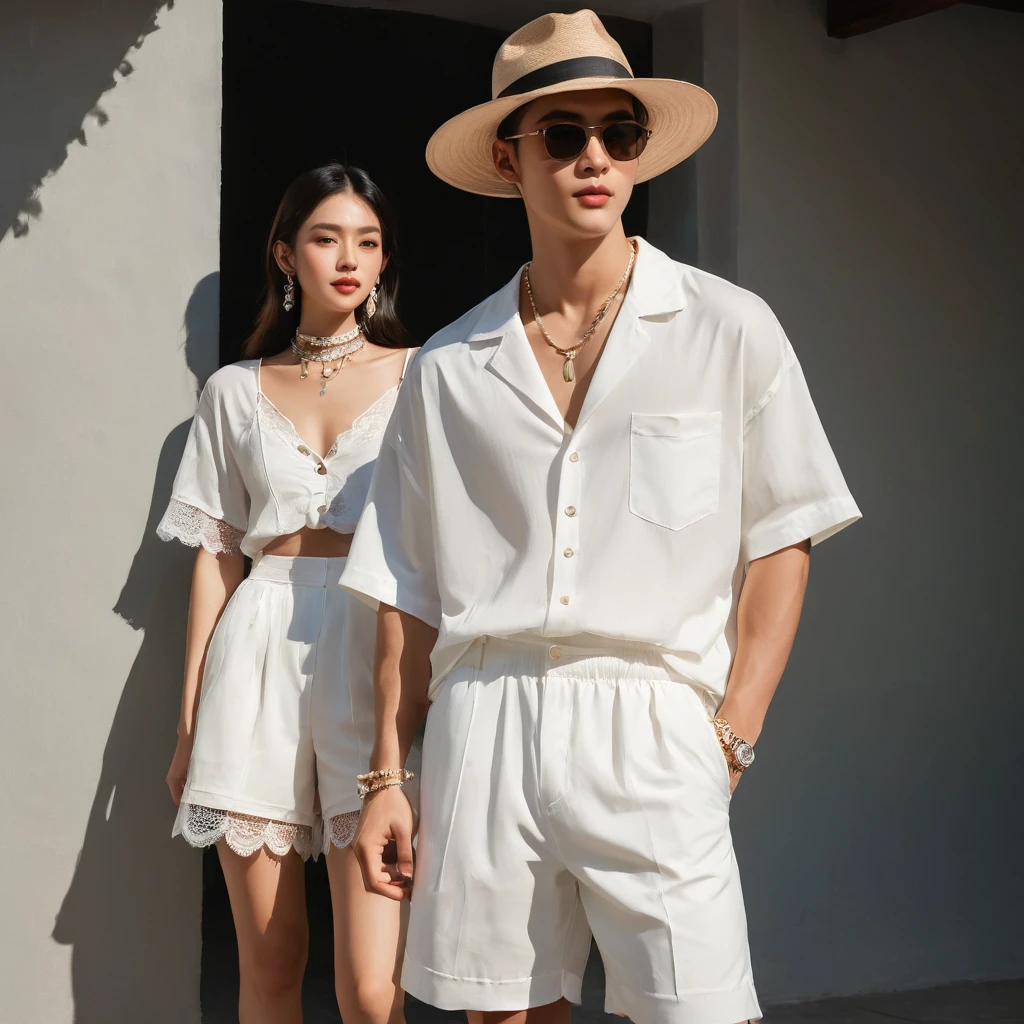 candid fashion illustration of young Asian man and woman, both aged 20 year old, ((showcase fashion look book in a White rayon outfits)), inspired by Zara's resort collection 2020 in elegant young bohemian style. The man wears an oversized short-sleeved bowling white shirt with a pocket details, paired with relaxed-fit white Sports Wide Leg Shorts Baggy short and Drawstring, He completes his look with white sneakers, sunglasses and bracelet. The woman complements him in a white Ankle-length dress in a rayon with delicate lace insets, V-shaped neckline, covered buttons down the front and an open section, spaghetti shoulder straps, Gathered tiers down the skirt and a scalloped hem, Her ensemble includes an accessorizes with a wide-brimmed straw hat, white sneakers and necklace. Captured in a low angle, ((full-body image)), The photograph is taken with a Canon EOS R camera using an 85mm f/1.8 lens at an f/2.2 aperture, utilizing natural light. Employing three-point lighting and incorporating 3D animation shadows enhances his features and adds depth to the composition. The careful layering and arrangement of his body parts and surrounding objects ensure a flawless composition. This masterpiece celebrates the beauty of the male form and invites viewers to immerse themselves in a world of sophistication and charm. The seductive lighting and intricate details, combined with a dramatic composition, invite viewers to revel in the essence of a fun-filled day, brimming with joy and relaxation. Attention is meticulously paid to the layers and arrangement of his body parts and surrounding objects, ensuring correct body structure and photo distance. The romantic atmosphere, paired with a lively and extremely gorgeous background, enhances the overall allure of this exquisite image.