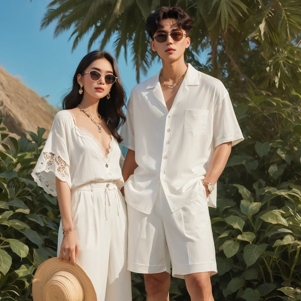 candid fashion illustration of young Asian man and woman, both aged 20 year old, ((showcase fashion look book in a White rayon outfits)), inspired by Zara's resort collection 2020 in elegant young bohemian style. The man wears an oversized short-sleeved bowling white shirt with a pocket details, paired with relaxed-fit white Sports Wide Leg Shorts Baggy short and Drawstring, He completes his look with white sneakers, sunglasses and bracelet. The woman complements him in a white Ankle-length dress in a rayon with delicate lace insets, V-shaped neckline, covered buttons down the front and an open section, spaghetti shoulder straps, Gathered tiers down the skirt and a scalloped hem, Her ensemble includes an accessorizes with a wide-brimmed straw hat, white sneakers and necklace. Captured in a low angle, ((full-body image)), The photograph is taken with a Canon EOS R camera using an 85mm f/1.8 lens at an f/2.2 aperture, utilizing natural light. Employing three-point lighting and incorporating 3D animation shadows enhances his features and adds depth to the composition. The careful layering and arrangement of his body parts and surrounding objects ensure a flawless composition. This masterpiece celebrates the beauty of the male form and invites viewers to immerse themselves in a world of sophistication and charm. The seductive lighting and intricate details, combined with a dramatic composition, invite viewers to revel in the essence of a fun-filled day, brimming with joy and relaxation. Attention is meticulously paid to the layers and arrangement of his body parts and surrounding objects, ensuring correct body structure and photo distance. The romantic atmosphere, paired with a lively and extremely gorgeous background, enhances the overall allure of this exquisite image.