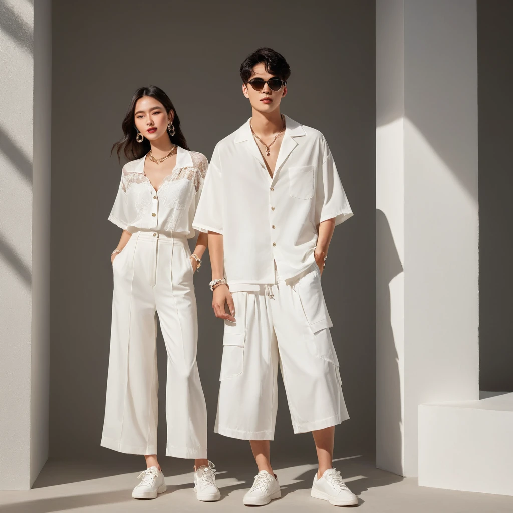 candid fashion illustration of young Asian man and woman, both aged 20 year old, ((showcase fashion look book in a White rayon outfits)), inspired by Zara's resort collection 2020 in elegant young bohemian style. The man wears an oversized short-sleeved bowling white shirt with a pocket details, paired with relaxed-fit white Sports Wide Leg Shorts Baggy short and Drawstring, He completes his look with white sneakers, sunglasses and bracelet. The woman complements him in a white Ankle-length dress in a rayon with delicate lace insets, V-shaped neckline, covered buttons down the front and an open section, spaghetti shoulder straps, Gathered tiers down the skirt and a scalloped hem, Her ensemble includes an accessorizes with a wide-brimmed straw hat, white sneakers and necklace. Captured in a low angle, ((full-body image)), The photograph is taken with a Canon EOS R camera using an 85mm f/1.8 lens at an f/2.2 aperture, utilizing natural light. Employing three-point lighting and incorporating 3D animation shadows enhances his features and adds depth to the composition. The careful layering and arrangement of his body parts and surrounding objects ensure a flawless composition. This masterpiece celebrates the beauty of the male form and invites viewers to immerse themselves in a world of sophistication and charm. The seductive lighting and intricate details, combined with a dramatic composition, invite viewers to revel in the essence of a fun-filled day, brimming with joy and relaxation. Attention is meticulously paid to the layers and arrangement of his body parts and surrounding objects, ensuring correct body structure and photo distance. The romantic atmosphere, paired with a lively and extremely gorgeous background, enhances the overall allure of this exquisite image.