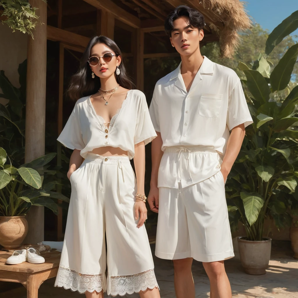 candid fashion illustration of young Asian man and woman, both aged 20 year old, ((showcase fashion look book in a White rayon outfits)), inspired by Zara's resort collection 2020 in elegant young bohemian style. The man wears an oversized short-sleeved bowling white shirt with a pocket details, paired with relaxed-fit white Sports Wide Leg Shorts Baggy short and Drawstring, He completes his look with white sneakers, sunglasses and bracelet. The woman complements him in a white Ankle-length dress in a rayon with delicate lace insets, V-shaped neckline, covered buttons down the front and an open section, spaghetti shoulder straps, Gathered tiers down the skirt and a scalloped hem, Her ensemble includes an accessorizes with a wide-brimmed straw hat, white sneakers and necklace. Captured in a low angle, ((full-body image)), The photograph is taken with a Canon EOS R camera using an 85mm f/1.8 lens at an f/2.2 aperture, utilizing natural light. Employing three-point lighting and incorporating 3D animation shadows enhances his features and adds depth to the composition. The careful layering and arrangement of his body parts and surrounding objects ensure a flawless composition. This masterpiece celebrates the beauty of the male form and invites viewers to immerse themselves in a world of sophistication and charm. The seductive lighting and intricate details, combined with a dramatic composition, invite viewers to revel in the essence of a fun-filled day, brimming with joy and relaxation. Attention is meticulously paid to the layers and arrangement of his body parts and surrounding objects, ensuring correct body structure and photo distance. The romantic atmosphere, paired with a lively and extremely gorgeous background, enhances the overall allure of this exquisite image.