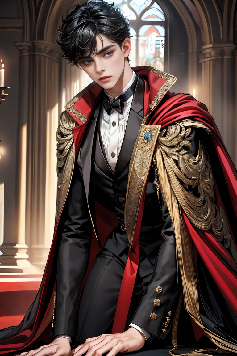 
masterpiece, 最high quality, high quality, 1 boy, alone, Male focus, Watching the audience,  Messy black hair, Adorable big blue eyes, White people, Noble, Noble,Sexy voluminous black and red cape、Tuxedo、A very voluminous, large, very large, very large, long, long red and black cape with a high stand-up collar, reaching down to the floor, made of a lot of fabric., 17 years old,Cute beautiful boys,Cute, cute, kind, handsome guy