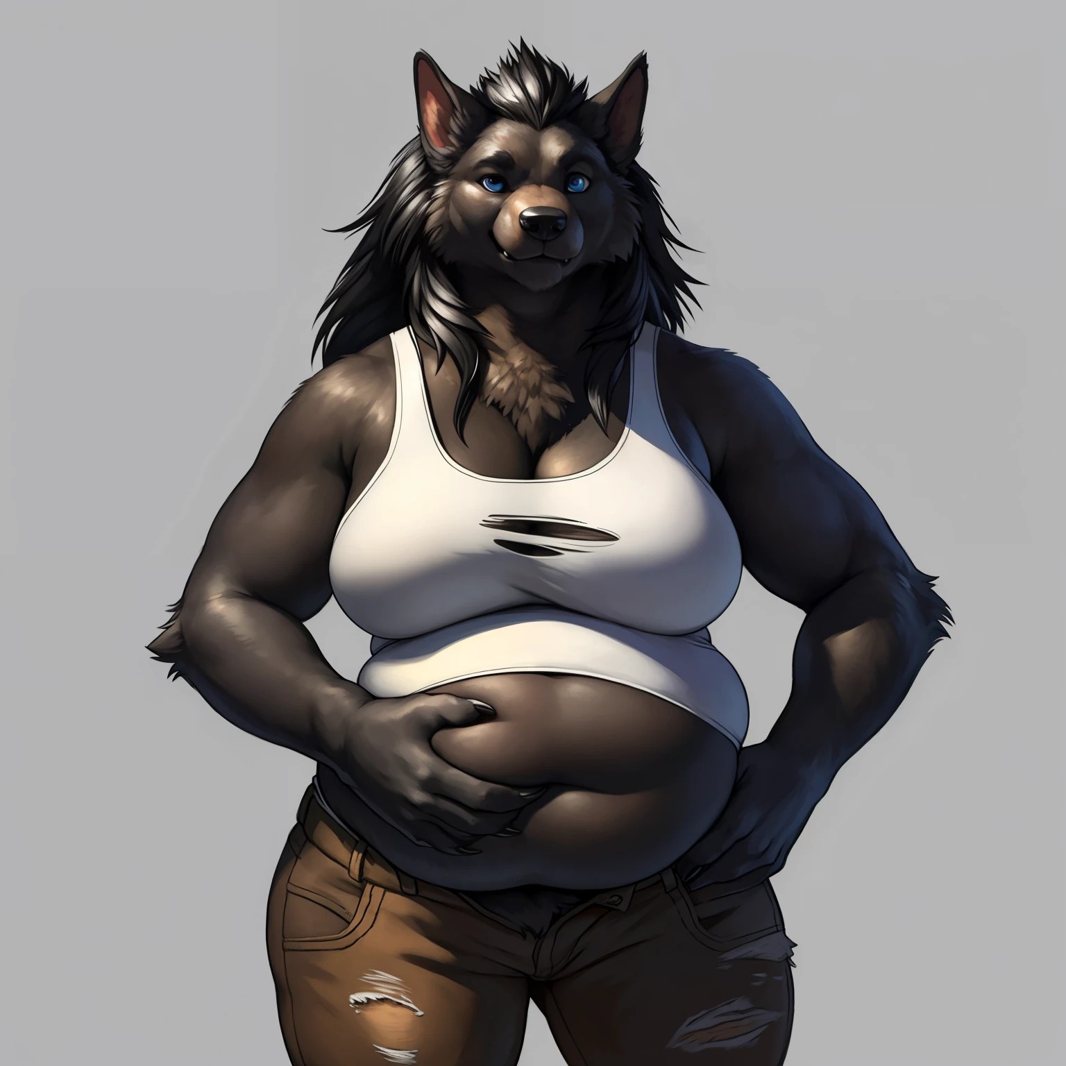 solo, ultra detailed), a beautiful and detailed full size portrait of a female anthro, canid, worgen, ((black body, dark skin, fur, long hair, black hair)), big body, adult, mature, fur, non-mammal breasts, looking at viewer, blue eyes, detailed background, looking at viewer, detailed eyes, sexy body, goddess, overweight body, fat belly, fat face, (fat arms:1.4), (fat fingers), (fat neck:1.3), (double chin:1.5), (fat cheeks:1.2), (puffed cheeks), love handles, deep navel, (huge butt), belly overhang, (weightchubby:1.8), kenket, Ross Tran,ruan jia, trending on artstation, foxovh, ((torn white tank top, torn brown pants)), ((front view)), big butt, ((worried, shocked face, hand on belly)), simple background, grey background
