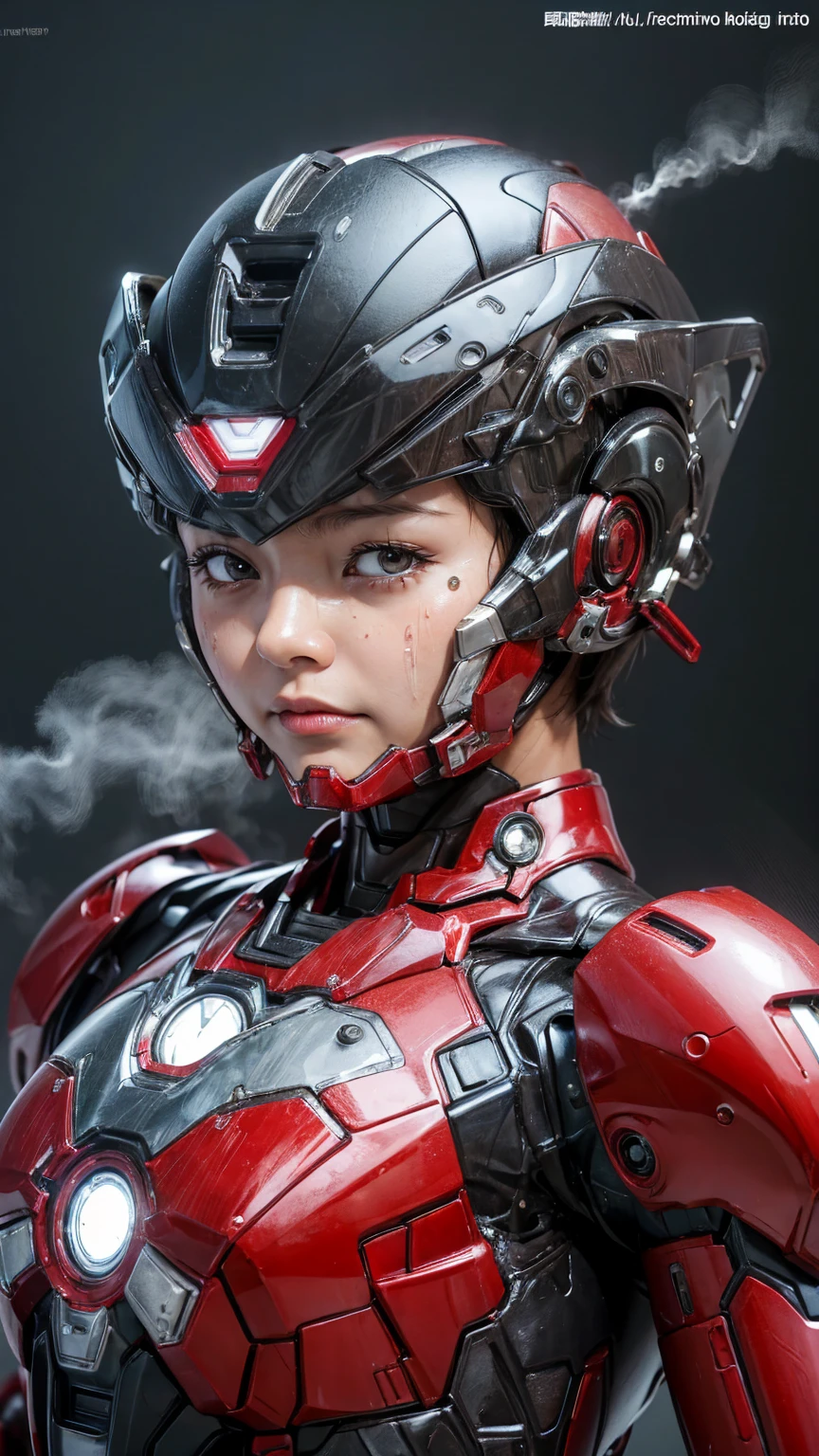 Highest quality 8k Red Iron Man Suit Girl Japanese middle-aged women Sweaty face cute short hair boyish Steam coming out of my head My hair is wet with sweat The feel of black hair Full body portrait My upper body is soaked Airtight headgear I can see the vagina Lying in bed