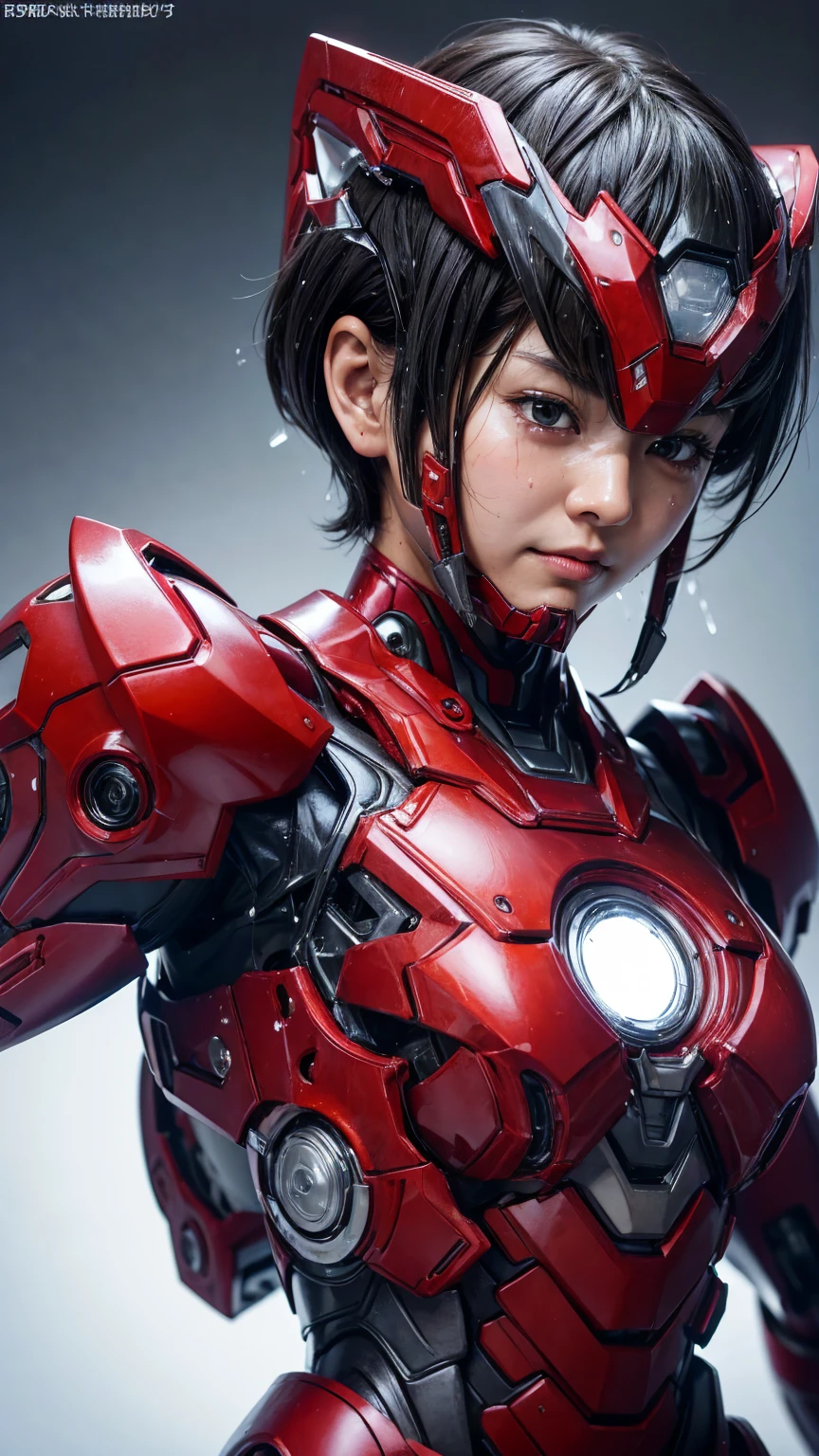 Highest quality　8k Red Iron Man Suit Girl　Japanese middle-aged women　Sweaty face　cute　short hair　boyish　Steam coming out of my head　My hair is wet with sweat　The feel of black hair　Full body portrait　My upper body is soaked　 Airtight headgear　I can see the vagina　Lying in bed