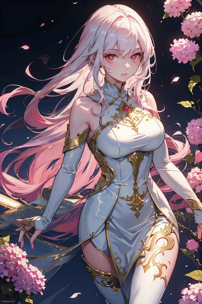 (very delicate, Masterpiece, Excellent lighting and shadows, HD wallpaper 8K), woman, 16 years old, white hair, red eyes, has large angel wings, wide hips, Medium bust, Big eyes, pink cheeks, plump lips, wearing a goddess costume, holding a long spear of light, on the rooftop, Among the hydrangeas, Bright tone, There is a gold tattoo on his right arm..