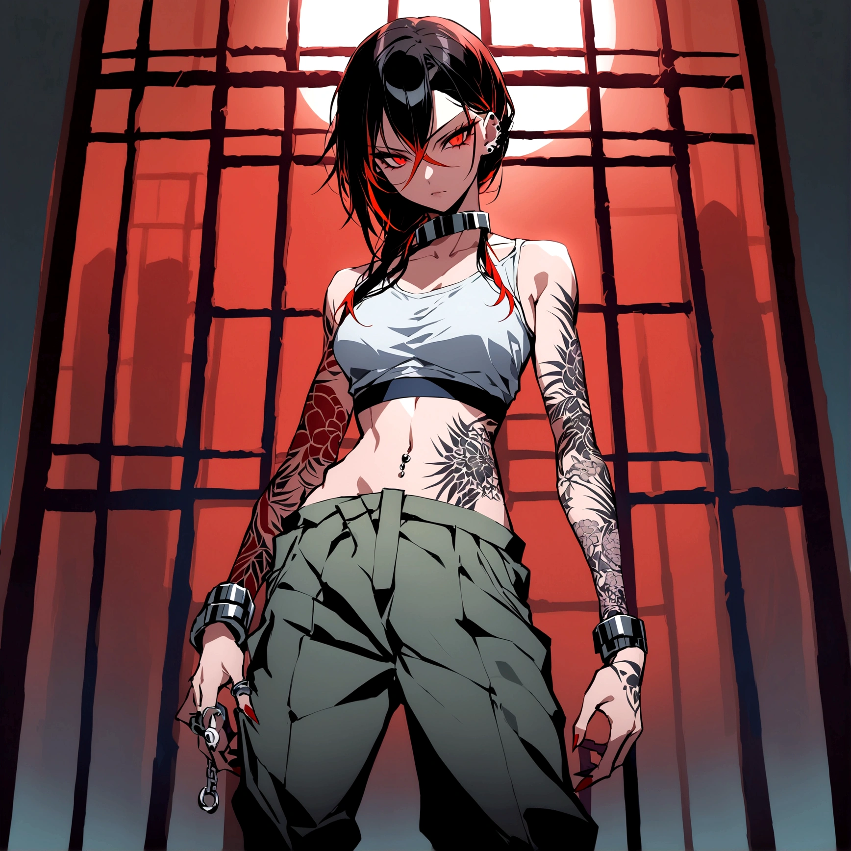 ((A fierce and unyielding female prisoner with side look)), thin and beautifully deathly body, ruthless and implacable, with proportional thin body, young but dangerous look, adorned with intricate yakuza tattoos, stands tall in her white top and pants, her piercing gaze daring anyone to challenge her in the dark cell, Sharp and dramatic, (bluish and red colors contrast), HD, ((Prision Cell background, dramatic scene)), Side look, yakuza anime.
