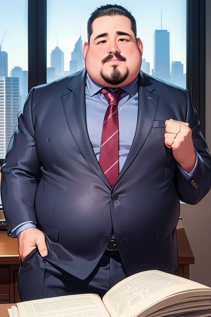 (masterpiece:1.4), best quality, highest quality, 4k resolution, ultra detailed, (realistic:1.3), single portrait, upper body shot, (overweight male:1.5), middle-aged man, (fat belly:1.2), chubby limbs, company boss, authoritative expression, round face, (business suit:1.2), necktie, office background, indoor lighting, serious atmosphere, professional setting, (executive pose:1.2), confident demeanor, corporate environment, balding head, double chin, expensive watch, leather briefcase, mahogany desk, leather office chair, computer monitor, framed certificates on wall, bookshelf with law books, window view of city skyline, muted color palette, soft shadows, depth of field