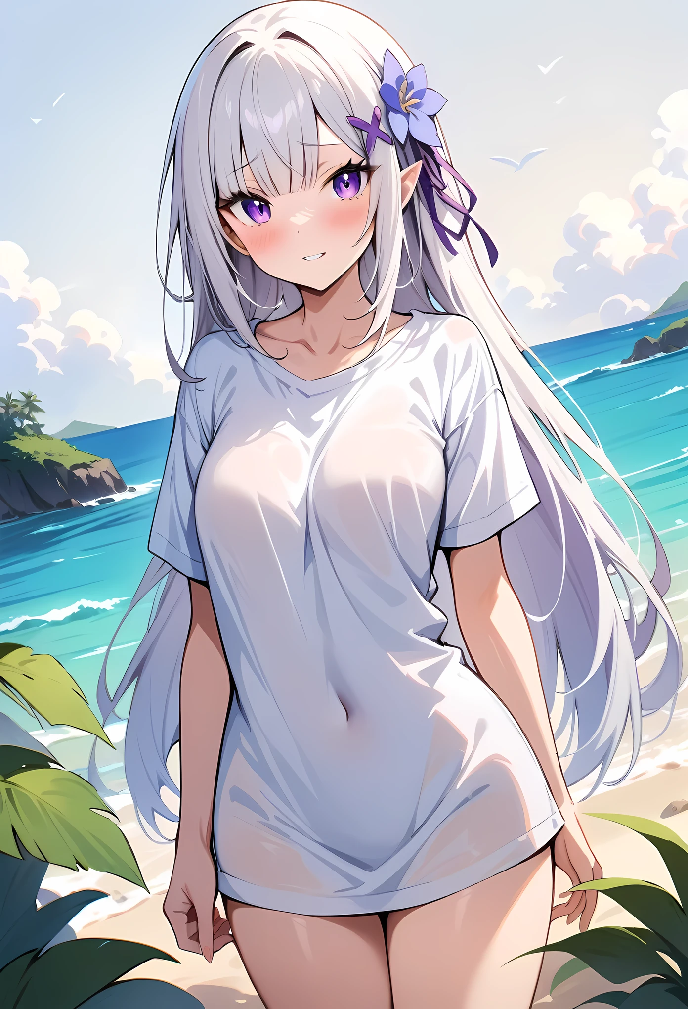 masterpiece, best quality, very aesthetic, absurdres, newest,1girl,naked_shirt, pussy_hair, ,emilia_(re:zero), re:zero_kara_hajimeru_isekai_seikatsu, 1girl, elf, pointy_ears, white_hair, long_hair, purple_eyes, hair_flower, hair_ornament, hair_ribbon, purple_ribbon,,,in an island