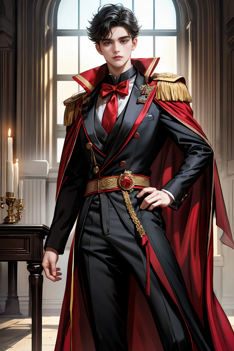 masterpiece, 最high quality, high quality, 1 boy, alone, Male focus, Watching the audience, Messy black hair, Adorable big blue eyes, White people, Noble, Noble,Sexy voluminous black and red cape、Tuxedo、A very voluminous, large, very large, very large, long, long red and black cape with a high stand-up collar, reaching down to the floor, made of a lot of fabric., ,Cute beautiful boys,Cute, cute, kind, handsome guy