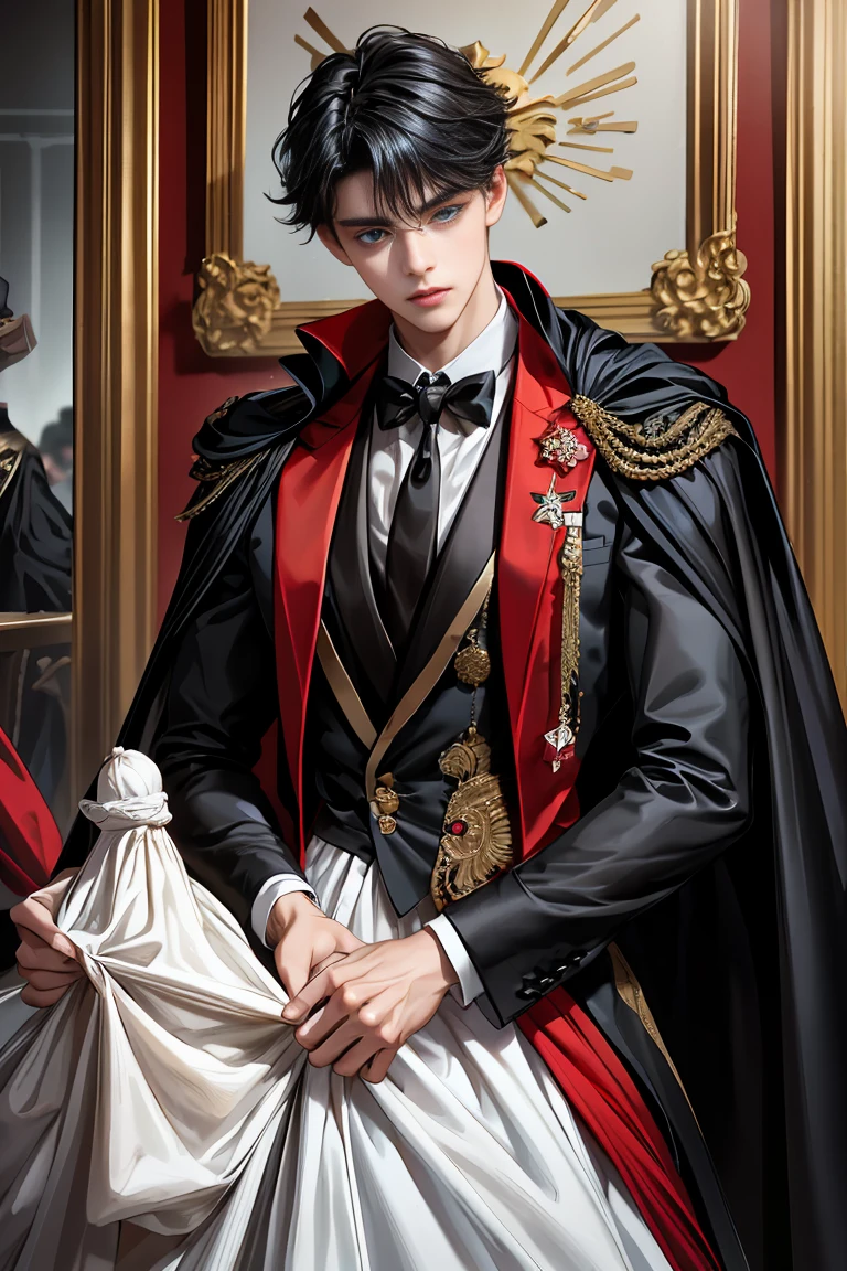 
masterpiece, 最high quality, high quality, 1 boy, alone, Male focus, Watching the audience,  Messy black hair, Adorable big blue eyes, White people, Noble, Noble,Sexy voluminous black and red cape、Tuxedo、A very voluminous, large, very large, very large, long, long red and black cape with a high stand-up collar, reaching down to the floor, made of a lot of fabric., ,Cute beautiful boys,Cute, cute, kind, handsome guy