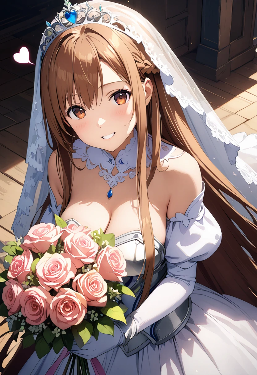 Highest quality、Super detailed、High resolution illustrations、Ultra-high-definition CG、８k size wallpaper、Production Art、Light novel illustrations、（１People Girls)、asuna yuuki, long hair, bangs, brown hair, brown eyes, very long hair, braid、dress, bare shoulders, detached sleeves, white dress, armor, breastplate, white armor,A smile full of happiness、Puff sleeves、Wedding Veil、tiara、Cleavage cutouts、Wedding dress、White Dress、White Gloves、Long skirt、White stiletto heels、Holding a bouquet in both hands、hyperrealistic、spoken heart