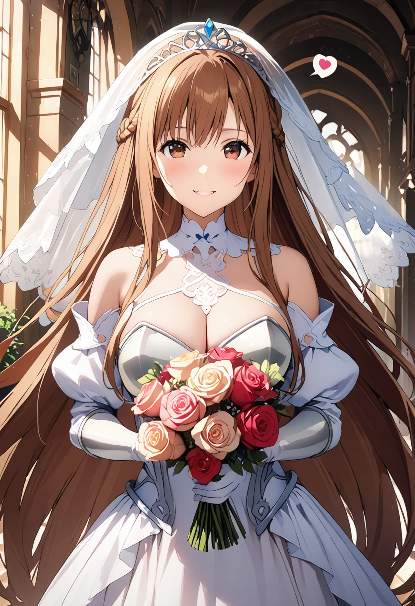 Highest quality、Super detailed、High resolution illustrations、Ultra-high-definition CG、８k size wallpaper、Production Art、Light novel illustrations、（１People Girls)、asuna yuuki, long hair, bangs, brown hair, brown eyes, very long hair, braid、dress, bare shoulders, detached sleeves, white dress, armor, breastplate, white armor,A smile full of happiness、Puff sleeves、Wedding Veil、tiara、Cleavage cutouts、Wedding dress、White Dress、White Gloves、Long skirt、White stiletto heels、Holding a bouquet in both hands、hyperrealistic、spoken heart