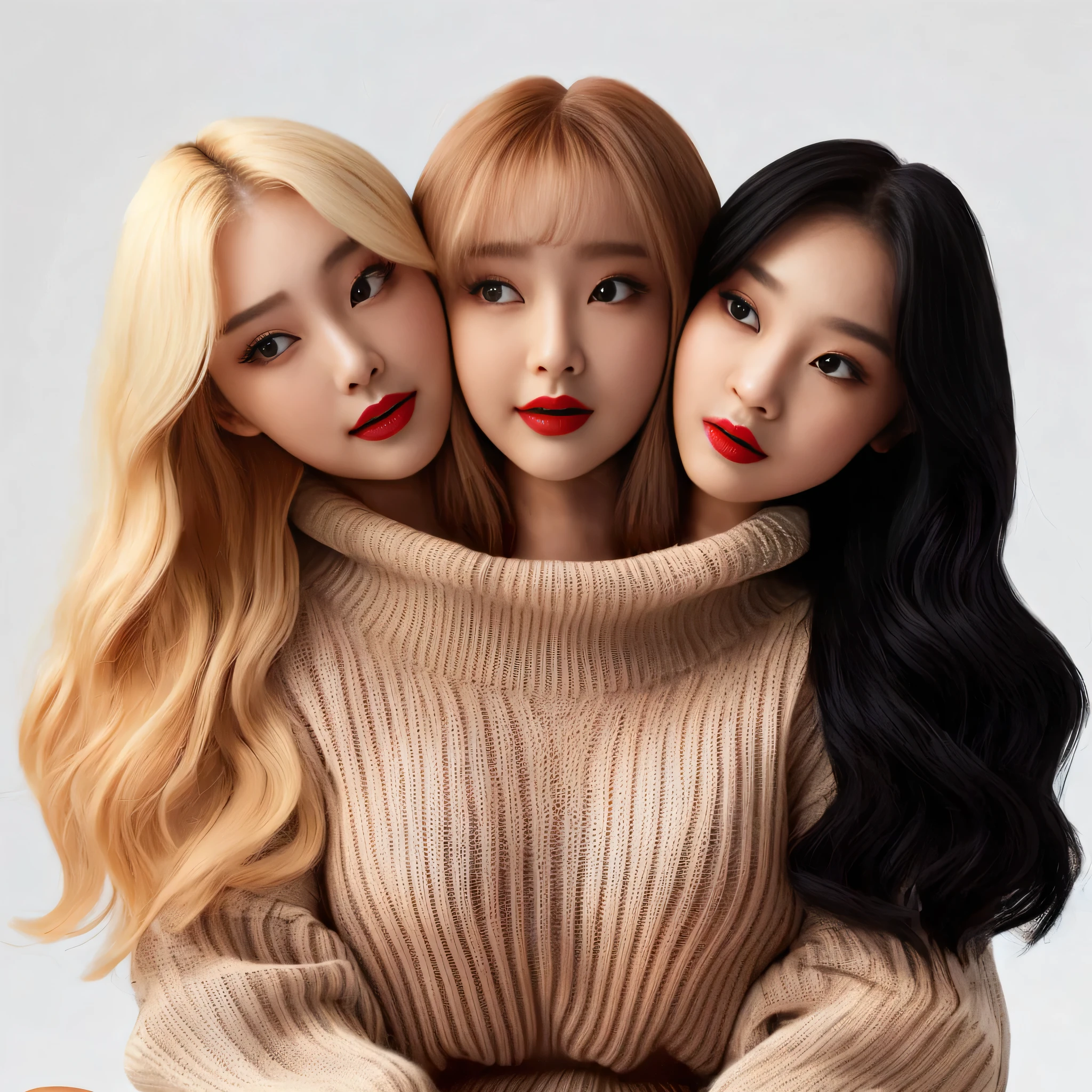 Best resolution, 2heads, korean woman with three heads, red lipstick sweater turtleneck, different faces