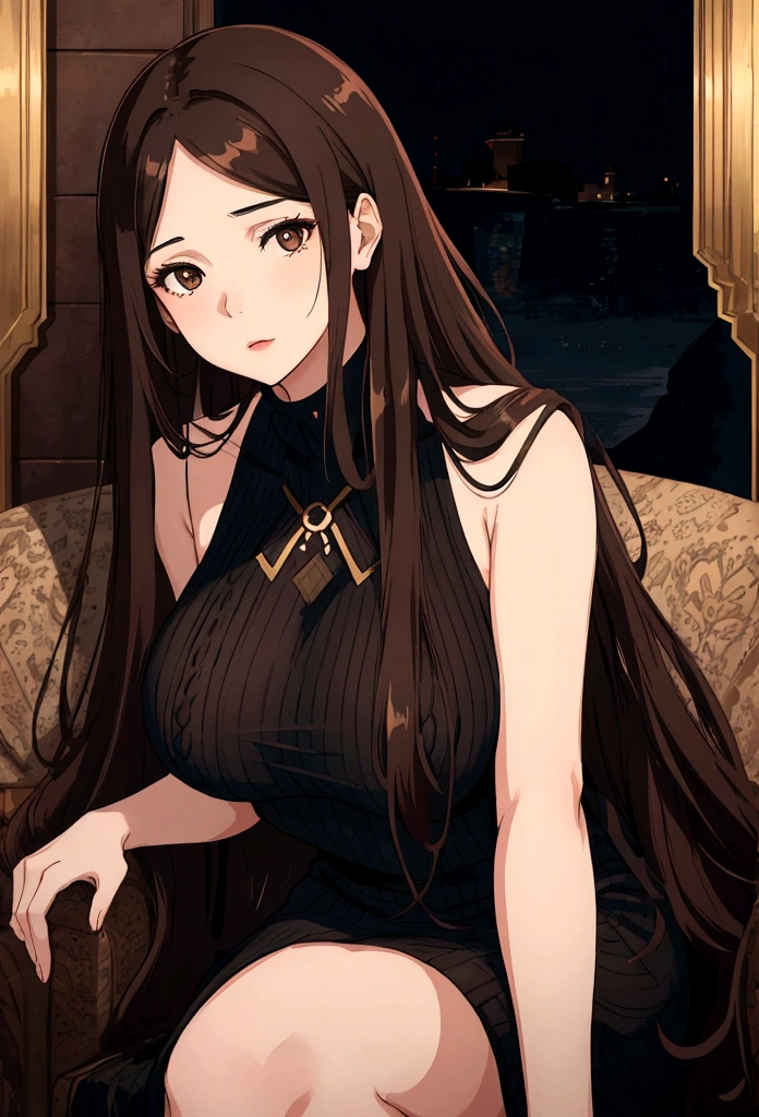 Full-length portrait of a woman with long brown hair、Black knitted dress、Big Breasts、