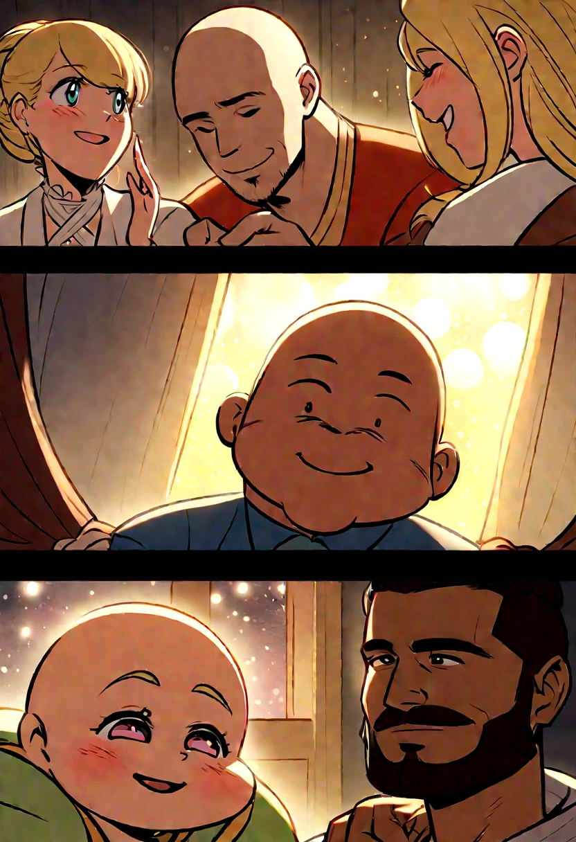 An illustration of an adorable couple, Highlighting a man and a woman with beauty, Expressive eyes – the man&#39;s hair is bald and brown and he has a full beard, While the woman's hair is tied up in a bun and blonde. They are a luminous space, Everyone with a smile on their face, and share a special moment, This is marked by love, Gita, and pedagogical insights. Illustrate this scene from a perspective, where they have their back to the camera, Show your connection. Develop this art in Full HD, Focus on your cinematic flair, Estilo Disney Pixar Animations