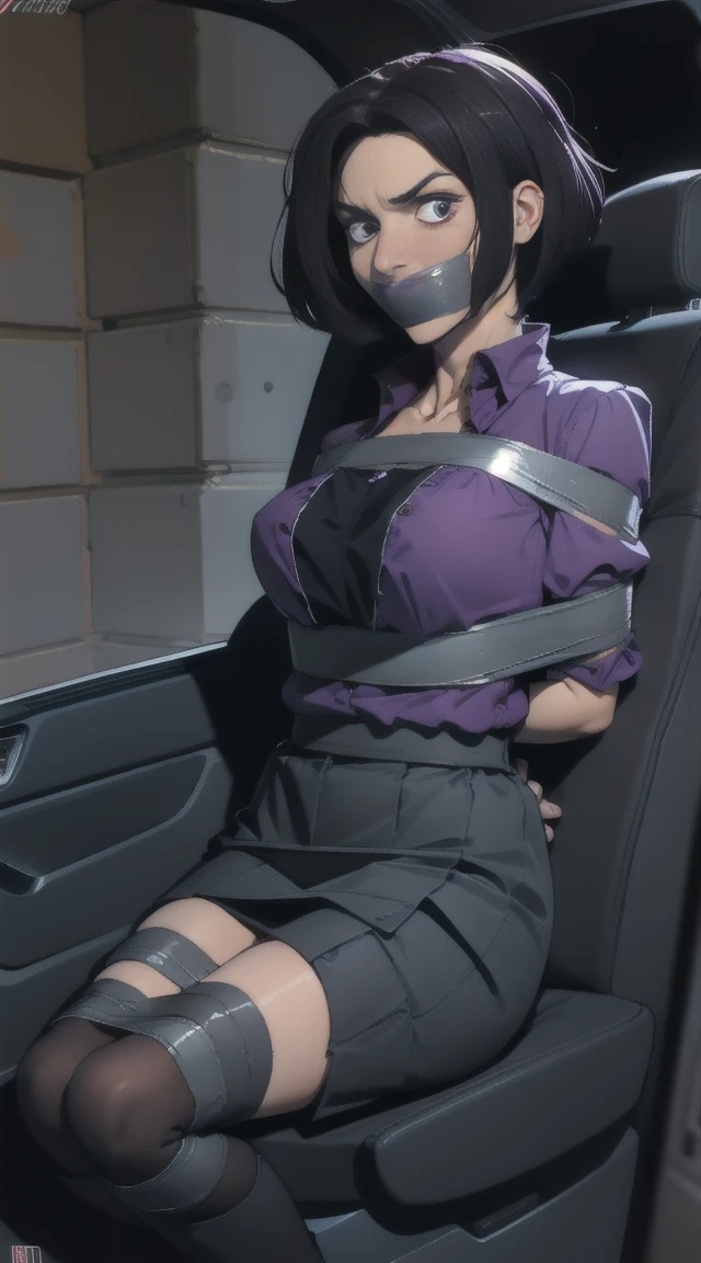 Highest quality, high resolution, looking at viewer, 1 woman with chin length hair, short hair, dark bob cut, thick hair, center part, , stacked bob, voluminous hair, in her 30s, purple blouse, knee length, skirt, dark stockings, and calf boots, baggy blouse, wrinkled clothing, photo realistic, video game cut scene, smooth, detailed face, perfect skin, beautiful, Insanely detailed, (taped mouth), tape gag, gag, gagged, mouth taped, arms bound behind back, elbows taped, wrists taped, taped legs, taped arms, knees taped, frightened, pleading eyes, desperate escape attempt, , cinematic, anime, cowboy shot, wide shot, , in vehicle, in car seat, being taken away, driven away, abducted, frightened, pleading eyes, desperate escape attempt, stalker, , true crime, peril, impending, award wining, masterpiece, super detail, detailed background, anatomically correct, best quality, 16k