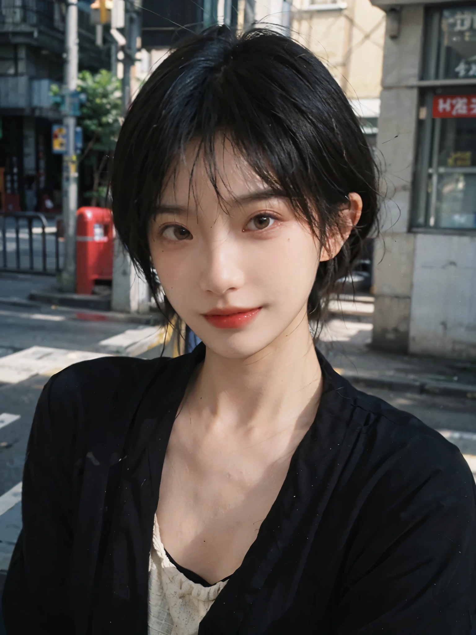 (Skin details:1.4), (smooth skin textures:1.3), (Upper Body:1.4),(Upper Body:1.3),(Black clothes:1.4),Lipstick, background, earrings, serene, calm, (Realistic and detailed eyes:1.2), Natural skin texture, Realistic facial details, Soft dramatic lighting, Vivid details, 35 mm film, outdoor, (Photo Practical:1.4), (hyper Practical:1.4), (Practical:1.3), (Smoother lighting:1.05), (Improve lighting quality:0.9), (Highest quality real skin textures:1.4), Exquisite eyes, Delicate face, Close-up of face, (Enhance the beauty of skin texture:1.1),0Normal body proportions, short hair, Moles under the eyes, A faint smile,Portrait Photography, Depth of Field, Bokeh, Surrealism, Ray Tracing, (Portrait Photography:1.1), Surrealism, High Detail, Chiaroscuro, Ray Tracing, reflected light, Ultra HD, Ultra HD, masterpiece, Textured Skin, Super Detail, High Detail, high quality, best quality