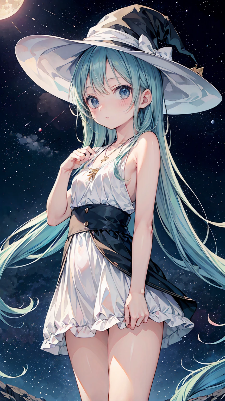 ((masterpiece, best quality)), (ultra-detailed), ((kawaii)), cute, (lovely), ((extremely detailed)), 4K, (8K), best quality, (beautiful), anime style, extremely detailed game CG, full body, look up from below, full body focus, mountain, magic circle, moon, Starry sky, a cute girl, 1girl, solo, witch, beautiful green hair, beautiful blue eyes, ((beautiful eyes)), white-skinned, long hair, flat breast, tiny breast, hat, necklace, ashamed, troubled expression, blush, wind effect