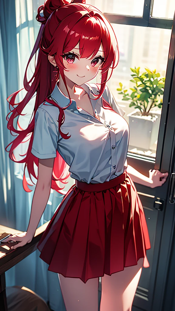 high tail hairstyle, Ponytail hairstyle, Long wavy black hair, standing posing, anime girl style, pixel art anime style,penetrating look with deep eyes,red and purple eyes, hair with a ponytail hairstyle trapped with a big red bun, Women, red hair clips, x color shaped hair clips , short white shirt, smooth receptionist miniskirt, smiling face blush, standing in his bedroom, next to his bed, receptionist clothes, lifting her skirt, grabbing her skirt with her hands to lift it up, letting her look at her underwear.