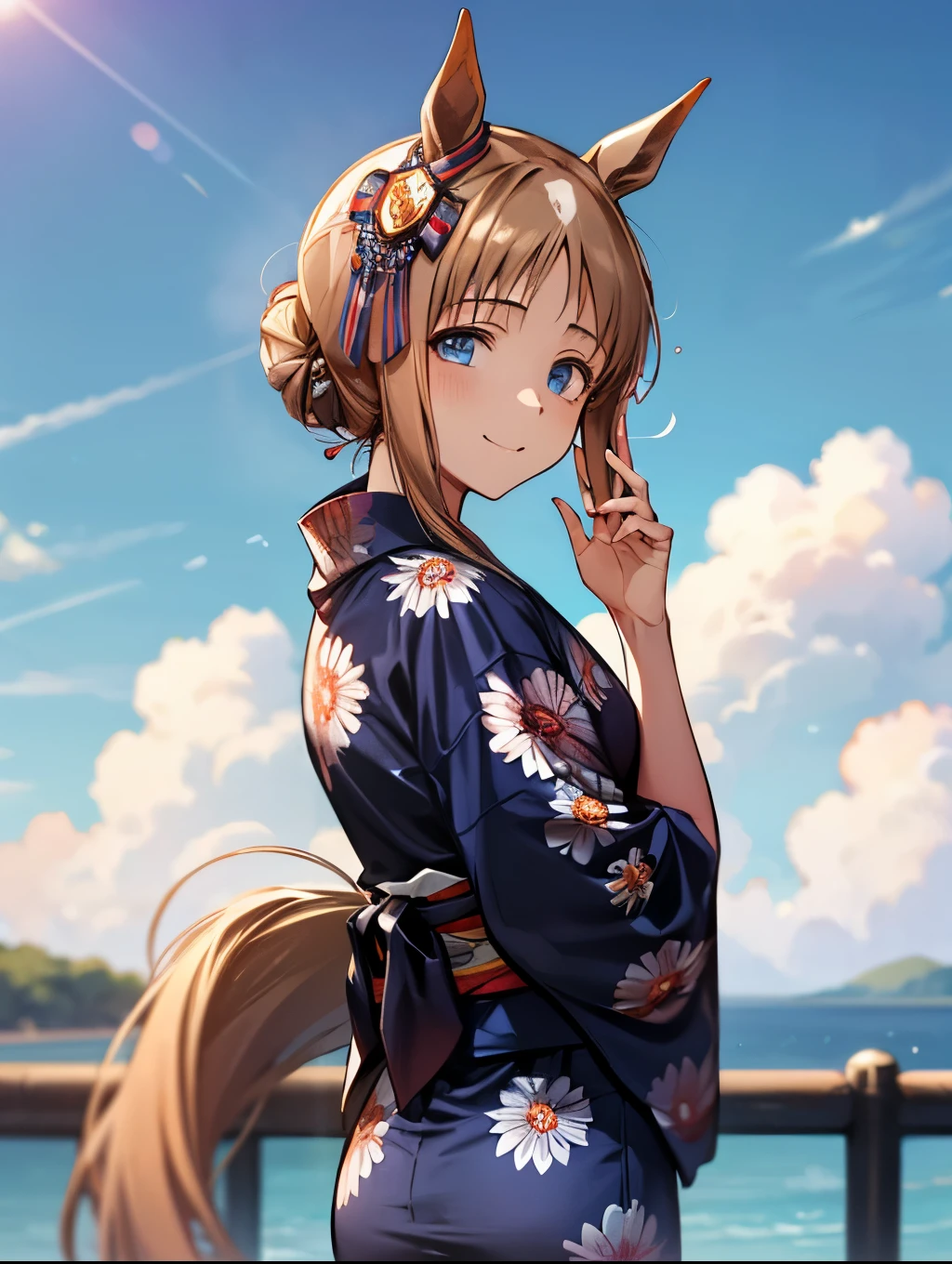 grass wonder \(Umamusume\), 1 girl, Solo, Best Quality, masterpiece, 8K, High resolution, Ultra-detailed, looking back, yukata, low bun, light smile, summer, blue sky,