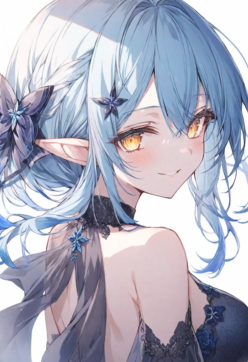 (muste piece), (best quality), very detailed eyes, expressive eyes, perfect face, very detailed face, highly detailed face, beautiful girl, 8K, beautiful girl, white background, delicate and beautiful face and eyes, dark intense shadow, 
1 girl, vtuber style, cool girl, hololive, Yukihana Lamy, Elf ears, blue hair, heart ahoge, see-through:evening dress, big chest, cropped shoulders, clavicle from behind, looking back, smile, (full body), standing,
