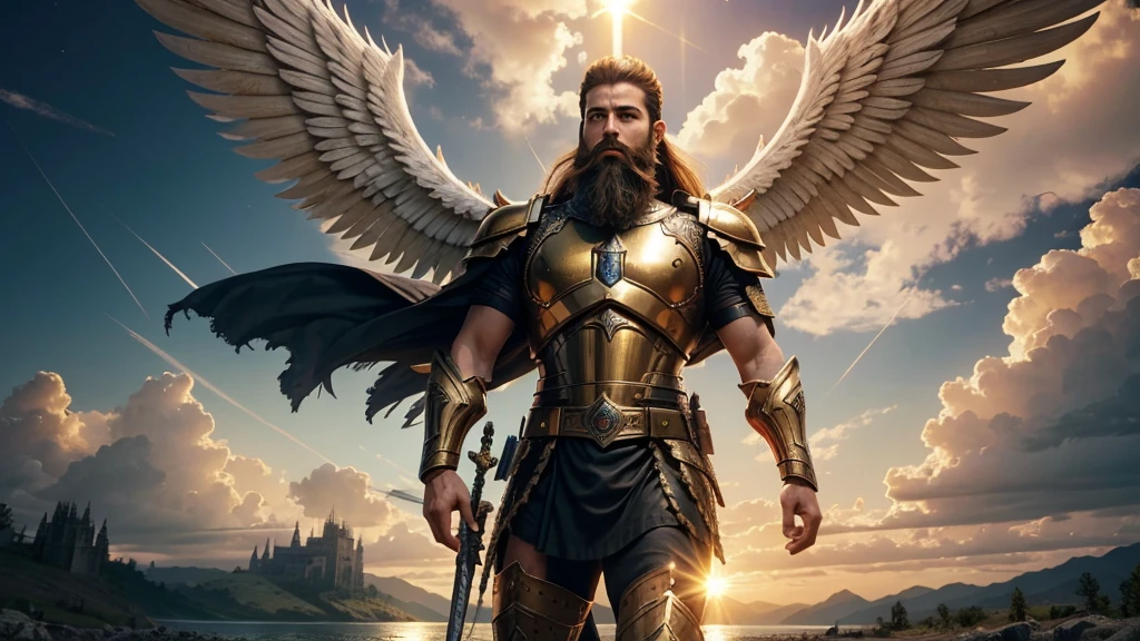 God's Angel, Anjo Masculino de GOD, God's golden Army, naughty man, Masculine Male, mighty, Jewish Hebrew Beard, Detailed Realistic God's Angel, photorrealistic, ultrahd, fotorrealism, epic, armour de Guerra, Soldier&#39;s Clothing, warrior de GOD, warrior, Macho warrior, 
battle angel, Forte Angel de GOD, Divina armour de Guerra, Dress for Battle, Spiritual war, Batalha Espiritual, Spiritual Battle Angel, epic warrior do Altíssimo, photorealistic landscape, golden sunset, sky, sky Power, Detailed realistic sunset, mountainous landscape, Rivers of water, sunset Realism, alone men, GOD man, Man&#39;s beard, GOD's Army Angel, armour Divina, golden Army, Silver Army, armour, Soldier Angel, Detalhes photorrealistics, GOD's angel masculino, GOD's Army, GOD's Hebrew, GOD's Strong Angel, GOD's Power, angel masculino, male man, Camisa padoru, elegant shirt, Closed blouse, closed shirt, long-sleeved shirt, golden, Tunica, GOD&#39;angel, barba, naughty man com barba, Large Beard, Barba Judaica, Hebrew, panorama, Alpha Male, Caminho para o sky, heavenly, 8K Detailed Realistic Image, 16K Photorealistic Contrast, 8K Photorealistic Sharpness, Photorealistic 4K cores, 16K Photorealistic Shadows, 8K Photorealistic Textures, 16K Photorealistic Texture, 4K Photorealistic Light, fotorrealism 4K, FullHD 4K Detailed Contrast, detailed sharpness FullHD 8K, detailed sharpness FullHD 4K, detailed sharpness, 2K detailed colors, lifelike colors, FullHD Detailed Shadows, 4K Detailed Textures, detailed texture, padoru, natural beautiful, posh 