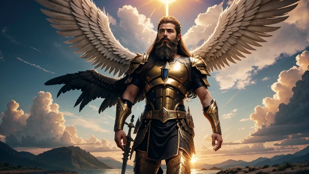 God's Angel, Anjo Masculino de GOD, God's golden Army, naughty man, Masculine Male, mighty, Jewish Hebrew Beard, Detailed Realistic God's Angel, photorrealistic, ultrahd, fotorrealism, epic, armour de Guerra, Soldier's Clothing, warrior de GOD, warrior, Macho warrior,
battle angel, Forte Angel de GOD, Divina armour de Guerra, Dress for Battle, Spiritual war, Batalha Espiritual, Spiritual Battle Angel, epic warrior do Altíssimo, photorealistic landscape, golden sunset, sky, sky Power, Detailed realistic sunset, mountainous landscape, Rivers of water, sunset Realism, alone men, GOD man, Man's beard, GOD's Army Angel, armour Divina, golden Army, Silver Army, armour, Soldier Angel, Detalhes photorrealistics, GOD's angel masculino, GOD's Army, GOD's Hebrew, GOD's Strong Angel, GOD's Power, angel masculino, male man, Camisa padoru, elegant shirt, Closed blouse, closed shirt, long-sleeved shirt, golden, Tunica, GOD'angel, barba, naughty man com barba, Large Beard, Barba Judaica, Hebrew, panorama, Alpha Male, Caminho para o sky, heavenly, 8K Detailed Realistic Image, 16K Photorealistic Contrast, 8K Photorealistic Sharpness, Photorealistic 4K cores, 16K Photorealistic Shadows, 8K Photorealistic Textures, 16K Photorealistic Texture, 4K Photorealistic Light, fotorrealism 4K, FullHD 4K Detailed Contrast, detailed sharpness FullHD 8K, detailed sharpness FullHD 4K, detailed sharpness, 2K detailed colors, lifelike colors, FullHD Detailed Shadows, 4K Detailed Textures, detailed texture, padoru, natural beautiful, posh