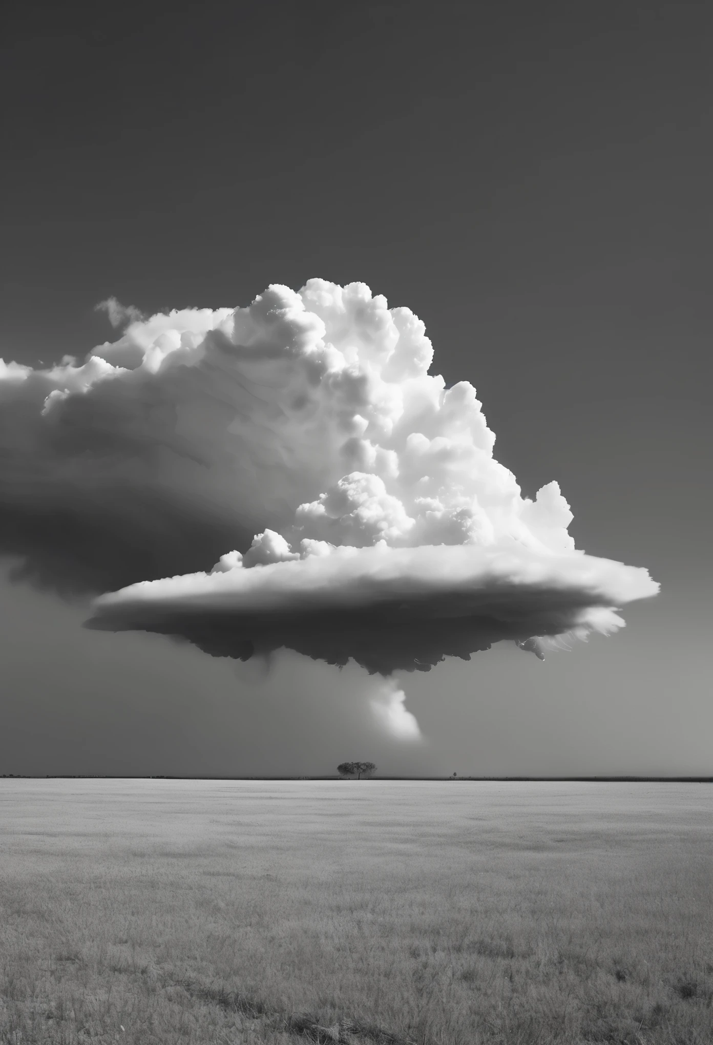 A minimalist photo of a lone cumulonimbus cloud over a plain, Monochrome background, Emphasize its beauty and simplicity