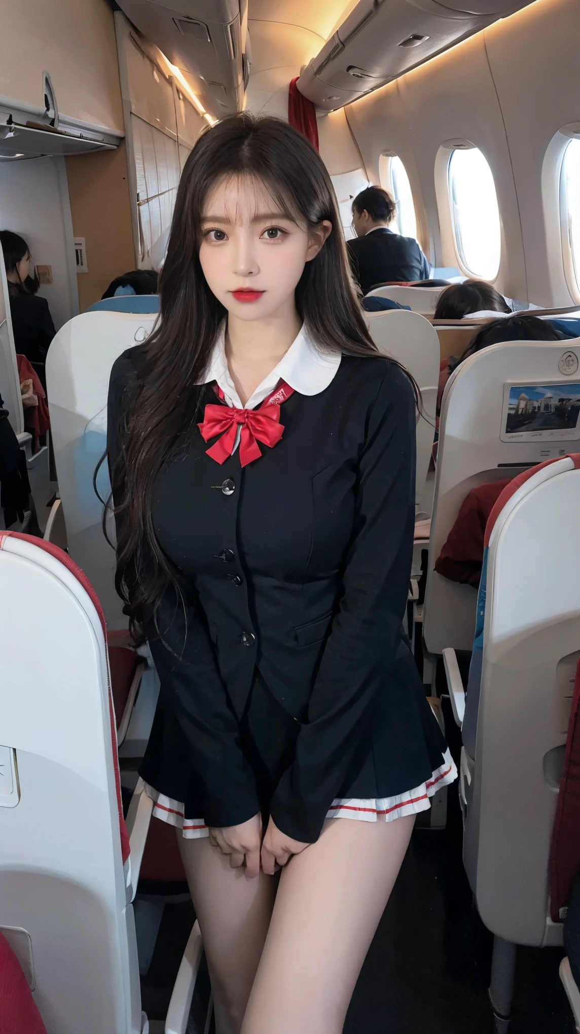 16K resolution, Ultra-realistic, Super detailed, high quality, (Two Girls:1.1), 最high quality, masterpiece, Ultra-high resolution, (Realistic: 1.4), 1 Girl, Beautiful Face, Symmetrical eyes, big, Perfect Body Proportions, Stewardess Uniform, Viewer Perspective, (On the plane: 1.2), Front view, Shoulder jumps, Absolute area (1.3), Realistic skin texture、Shiny skin