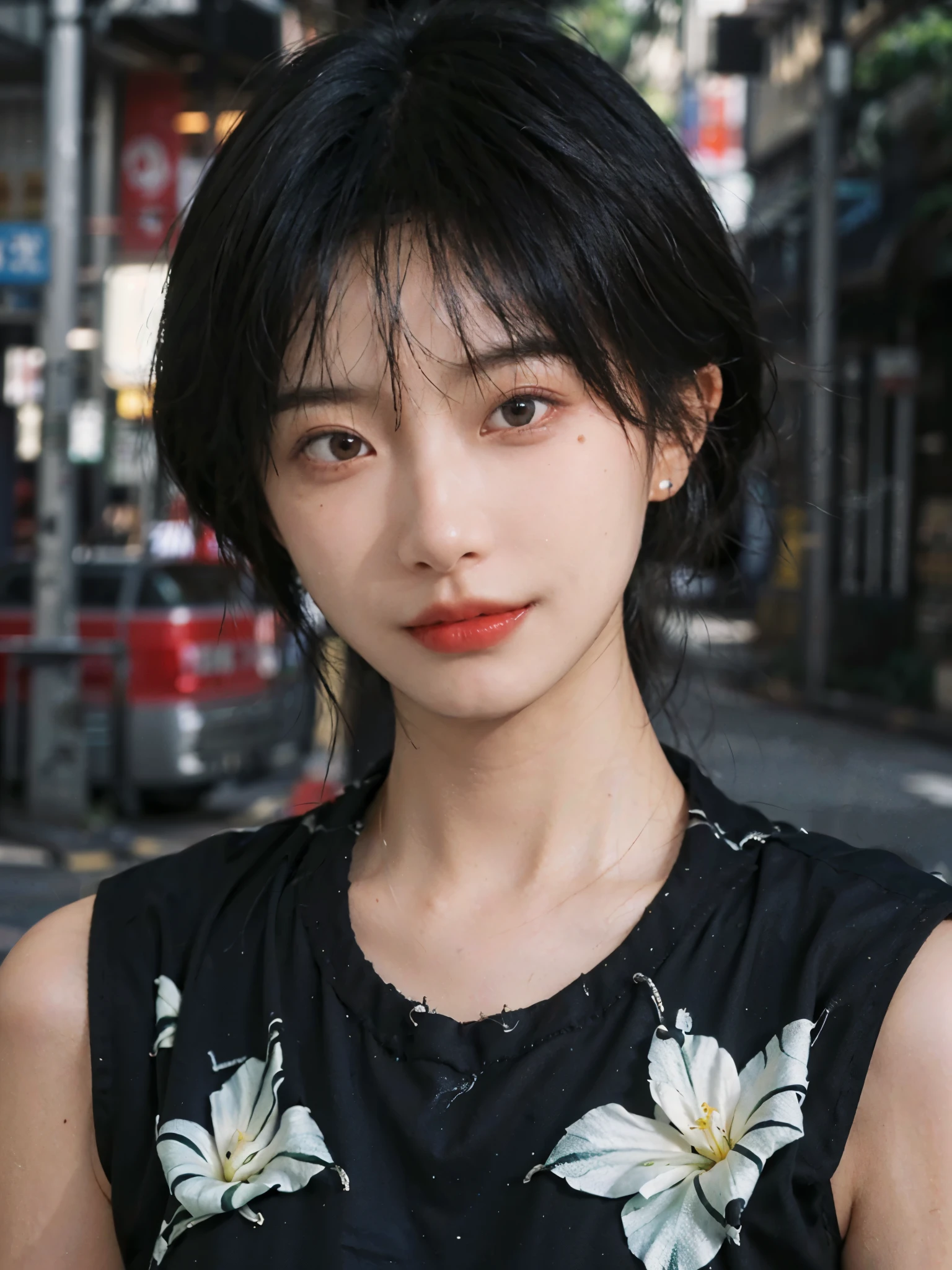 (Skin details:1.4), (smooth skin textures:1.3), （Upper Body：1.4），（Upper Body：1.3)，(Black clothes:1.4)，Lipstick, background, earrings, serene, calm, (Realistic and detailed eyes：1.2）, Natural skin texture, Realistic facial details, Soft dramatic lighting, Vivid details, 35 mm film, outdoor, (Photo Practical:1.4), (hyper Practical:1.4), (Practical:1.3), (Smoother lighting:1.05), (Improve lighting quality:0.9), (Highest quality real skin textures:1.4), Exquisite eyes, Delicate face, Close-up of face, (Enhance the beauty of skin texture:1.1),0Normal body proportions, short hair, Moles under the eyes, A faint smile,Portrait Photography, Depth of Field, Bokeh, Surrealism, Ray Tracing, (Portrait Photography:1.1), Surrealism, High Detail, Chiaroscuro, Ray Tracing, reflected light, Ultra HD, Ultra HD, masterpiece, Textured Skin, Super Detail, High Detail, high quality, best quality