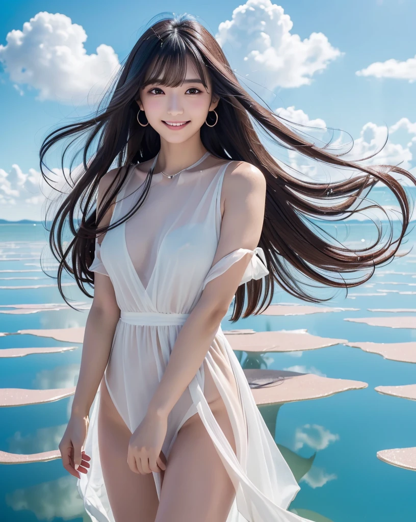 (Highest quality, 32k, High resolution, Masterpiece:1.5), marimo_jet, god々A photograph with brilliant dazzling and healing power., Evoking a sense of calm and elusive beauty, Expressing emotions, Have a rich imagination, Beautiful Japanese Girls, An exceptionally beautiful face, Small Face Beauty, , Perfect Human Anatomy, Magical big eyes, Motherhood and generosity, Deep Love, fleeting smile, Shiny black hair, Super long hair swaying in the wind, Asymmetrical bangs, Hair between the eyes, Transparent, soft white skin, Sharp eyebrows, Thin lashes, ((Natural Makeup:1.3)), White dress, High resolutionの完璧な鎖骨, High resolutionの美しい胸元, Slim figure with ample breasts, High resolutionの美しい太もも, ((Distant Horizon:1.5)), ((Salar de Uyuni stretches to the horizon:1.3)), ((The water surface reflects the sky like a mirror:1.5)), Beautiful detailed blue sky, Professional photographer, Professional Lighting, Professional models