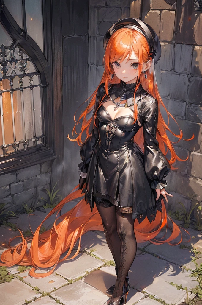 ((Biologically correct limb count))、(( From head to toe、Full-body photo including face))、4K、((Standing position))、masterpiece、((Focus on the face))、((Symmetrical facial features))、Eyes with detailed description、Beautiful woman、Great style、Beautiful arms、Beautiful legs、Beautiful Hands、(Small Ass、Thin thighs)、Facial detailing、Small earrings、necklace、(beret、Red and black leather gothic dress、((High heels、Patterned stockings)))、((Standing in front of an old castle in the daytime sun, looking up))、Close-up photo of the upper body、Silk gloves、(((Orange silver hair)))、(Thick fog)