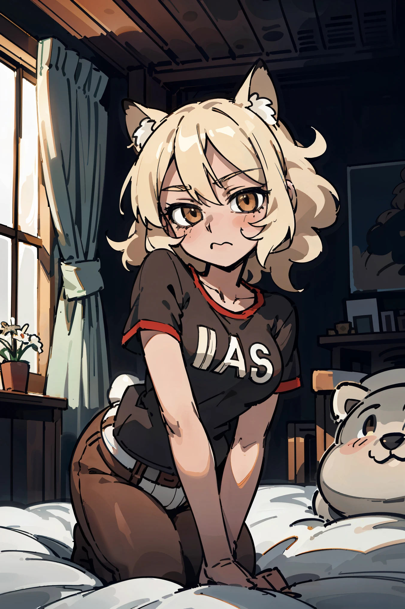 (Top quality、8K、32k、masterpiece、nffsw、Ultra-high resolution、Impressionism、Reality:1.2)、huge 、Cowboy shooting, Detailed face and eyes、Short stature、Dog ears、Female breasts are too large、The breasts are very full、Big Ass、(((Brown soft curly hair))),、(((Big brown eyes)))、In the bedroom、kneel on the bed、Pretty Face、16 year old beautiful girl、Radiant Skin、With bangs、Brown eyes、(Katyusha:1.2)、Too loose T-shirt、curve、kneel、Half-open eyes、blush、Love in the eyes