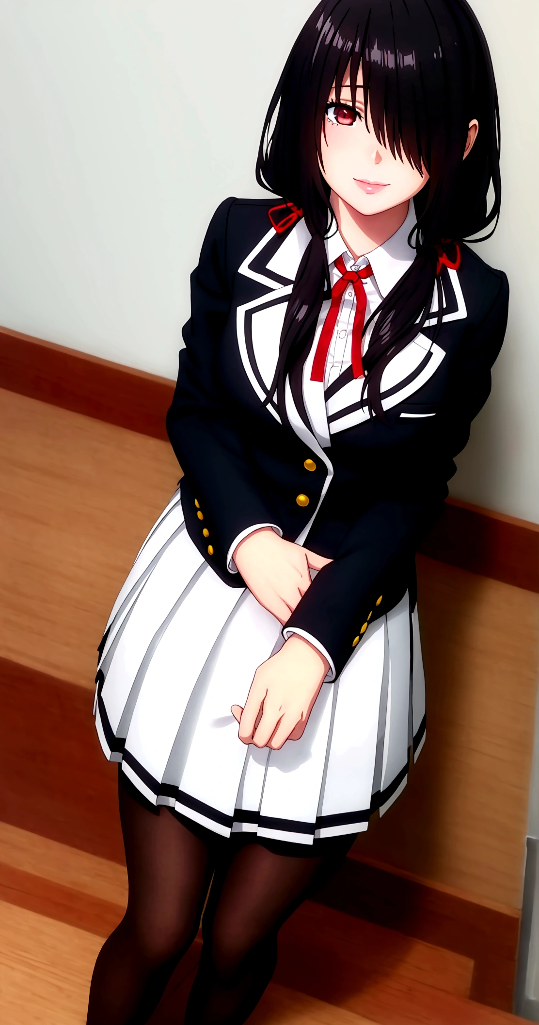 ultra-detailed,highly detailed,best quality,masterpiece,illustration,realistic, photo,photorealistic,
1girl, tokisaki kurumi,cosplay,hair over one eye, looking at viewer, happy girl,low twintails,
, blazer, collared shirt, neck ribbon, pleated skirt, pantyhose, hair rings, loafers,
indoors, walking, stairwell, 
