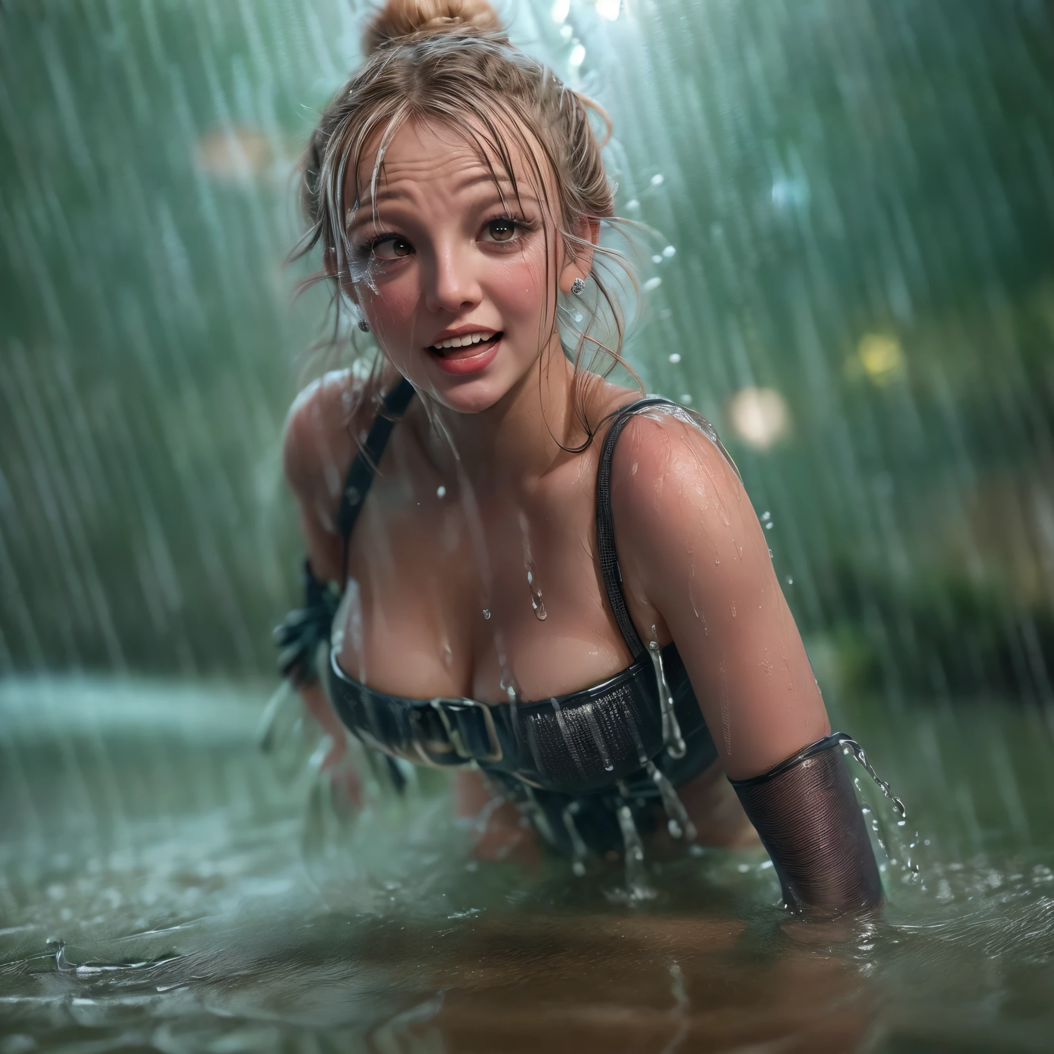 masterpiece of ExtremelyDetailed (ProfessionalPhoto of Stunning women:1.4) Looking at Sky, (((Downpour))), BraidHair with bun, (Joyful Expressions LifeLike Rendering), ((Extremely detailed beautiful face and eyes)) BlushAhegao SmoothArmpit LiquidSoap WhiteBubbles (((WetHair)))  BREAK  PUNIPUNI ((Britney Spears))britneyspears-smf, Beltbra, MysticSight, (Torrential Rain:1.4) (SparklingDrops:1.28) (Overflowing HUGE Underboob Overflowing WaterDrops Overflowing water)(((WetHair WetFace WetSkin:1.37))), (SFW), HiddenHands, MotionBlur (BokeH:1.4), (no extra limbs), (no extra eyebrow), DynamicAngle