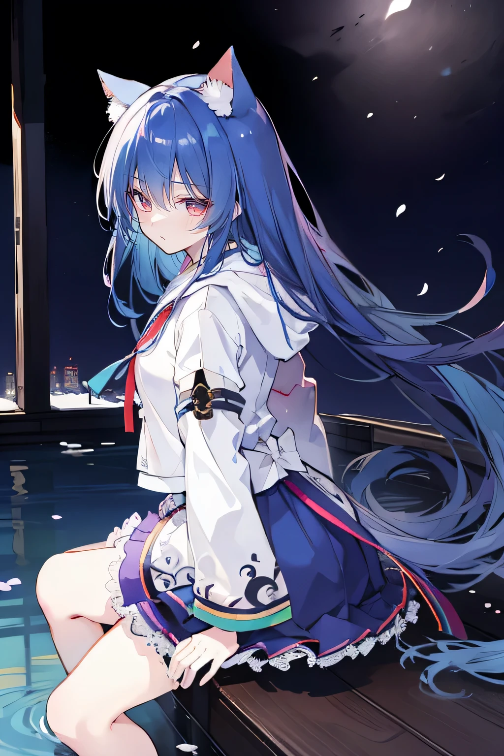 （masterpiece：1.2），Super detailed，lifelike，Expressive eyes，fair skin，perfect face shape，1 girl，
Japanese comics,Gorgeous blue hair,flowing blue hair,flowing clothes,Cat ears,Petals fall,beautiful lola,Baby Angel,
Shaking head with one hand，Cross your legs，Gentle and peaceful background，The pavilion is cool and comfortable,smile, wearing hoodie, background of night tokyo,back views,snowing, winter,lie on the water. 