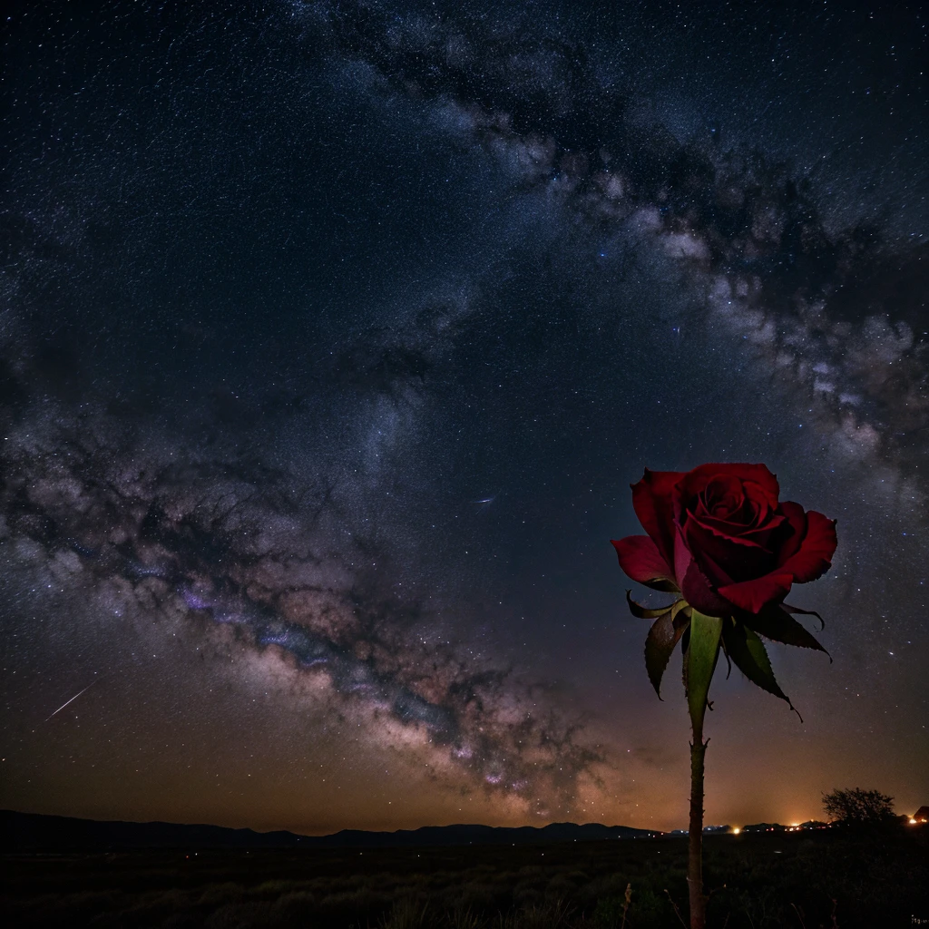 Red Withered Rose with Shooting Stars Night Background with Realistic Stars