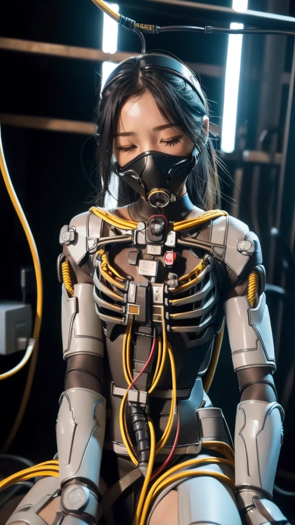 (((masterpiece))), (((Highest quality))), ((Very detailed)), (Highly detailed CG illustrations), ((close your eyes)), ((gas mask)), ((bare hands)) ((Very delicate and beautiful)),(Cute and delicate face),Cinematic Light,((1. Machine Girl)),alone,whole body,(Machine made joints:1.4),((Mechanical Limbs)),(Blood vessels connected to tubes),((Mechanical vertebrae attached to the back)),((Cervical vertebrae mechanically attached to the neck)),((Sitting)),Feeling facial expression,(Wires and cables connecting the head and body:1.5),(Character Focus),SF Black Hair　Sweaty face　cute