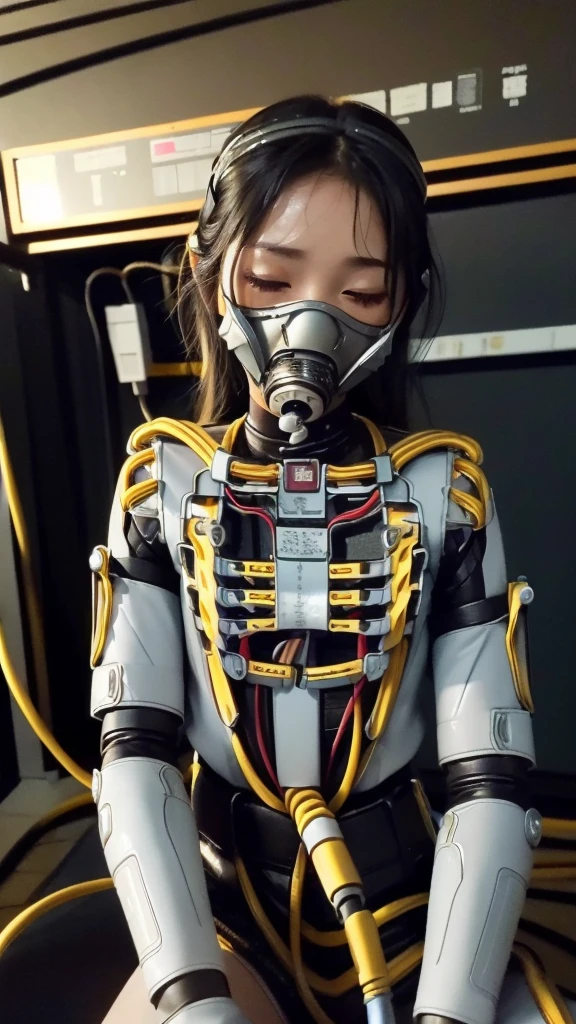 (((masterpiece))), (((Highest quality))), ((Very detailed)), (Highly detailed CG illustrations), ((close your eyes)), ((gas mask)), ((bare hands)) ((Very delicate and beautiful)),(Cute and delicate face),Cinematic Light,((1. Machine Girl)),alone,whole body,(Machine made joints:1.4),((Mechanical Limbs)),(Blood vessels connected to tubes),((Mechanical vertebrae attached to the back)),((Cervical vertebrae mechanically attached to the neck)),((Sitting)),Feeling facial expression,(Wires and cables connecting the head and body:1.5),(Character Focus),SF Black Hair　Sweaty face　cute