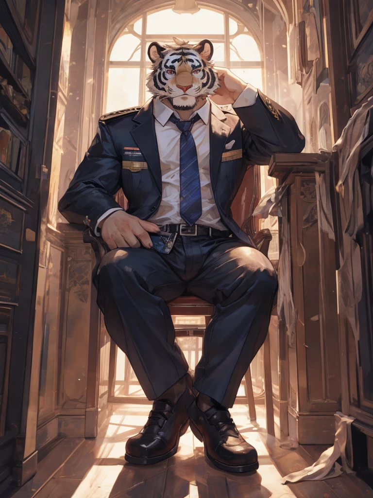 {{bara extremely handsome white tiger,}} {{white fur,}} white, wearing military like purple trench coat, purple trousers, white dress shirt and necktie, white fluffy furry body and limbs, loafers, very tall, very broad shoulders, narrow waist, muscular arms, massive pecs, purple eyes, very long legs, sitting on swivel chair with legs spread, massive bulge, reading file, sophisticated smart look, full body, sunlight casting over, 3/4 view, best quality, high quality, silver earring on left ear, sultry smirk