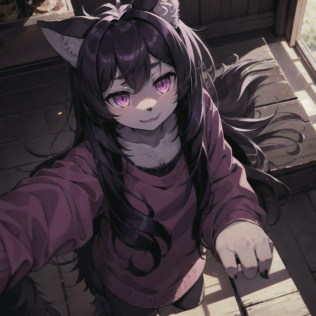 (masterpiece:1.3), (2D, anime, illustration:1.0), (sharp:1.2), (hard light, shadow:1.0), (reflection, refraction:0.8), (light rays, dappled light, light glare, lens flare, Tyndall effect, clear, shiny:1.0), (best quality:1.2), (ultra-detailed, extremely intricate:1.0), (cinematic light,ray tracing), (bright_colors,dark_intense_shadows), (impasto,colorful:1.2),  (long_hair:1.4), whjite hair, ((black stripes on body)), ((grey fur)), ((black sclera, purple iris)), ((female wolf))