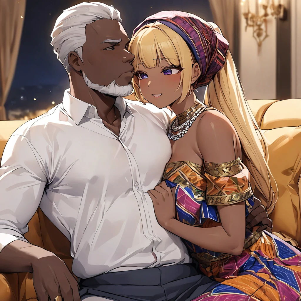 ((Highest quality)), ((masterpiece)), (detailed), (Perfect Face)、The woman is a Ghanaian black woman named Tsukino Usagi with vivid dark skin. She is wearing a gorgeous, colorful, glittering Ghanaian dress, a colorful turban head scarf, gorgeous jeweled accessories and an engagement ring in a luxurious Ghanaian mansion. The man and woman are sitting on a luxurious, large sofa in the luxurious room, and the woman is embracing and kissing the dignified, bearded, middle-aged Ghanaian man wearing Ghanaian traditional clothing, making love to each other.、The woman is the elegant Tsukino Usagi, with long blonde hair in a chignon twin tail, wearing a colorful Ghanaian dress and a colorful turban head scarf, and has vivid dark brown skin.、(The woman is a black Ghanaian with vivid dark brown skin.)、The man is a dignified, burly, bearded Ghanaian man wearing a smock.