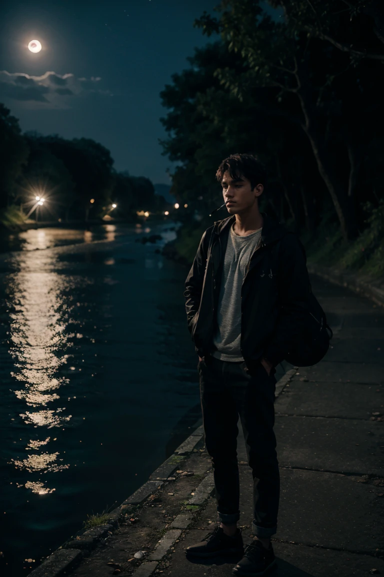 A depressed boy, standing beside a river, smoking guy, moonlight night