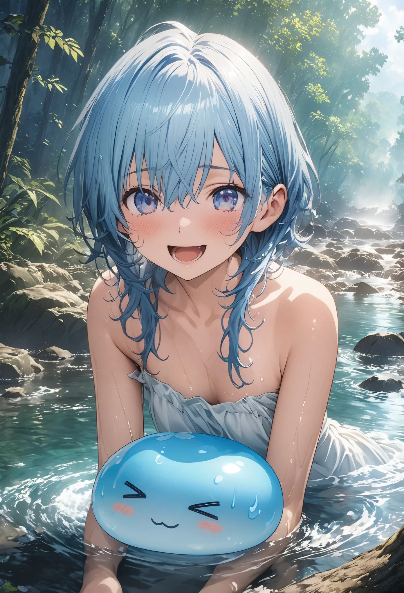 masterpiece, best quality, extremely detailed CG unity 8k wallpaper, A small blue-haired boy is sitting on the banks of a clear blue river in the middle of a natural forest. A cute slime with a lot of expressions is bathing there. A very cool anime illustration. Realistic expression of flowing water. 3Dアート